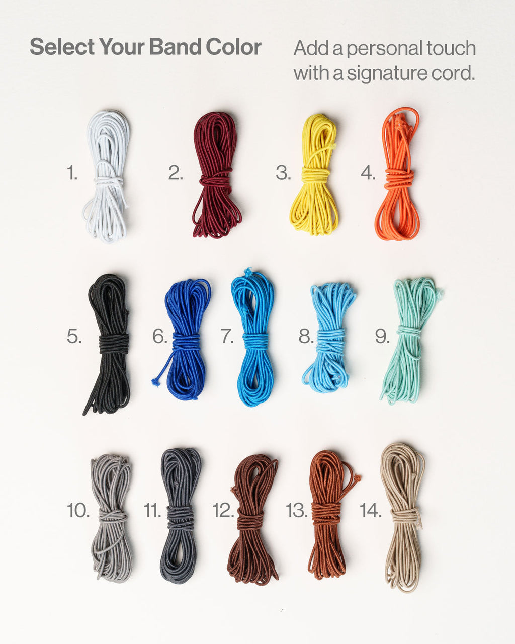 14 elastic band colours: white, burgundy, yellow, orange, black, blue, teal, mint, grey, brown, cream