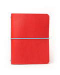 Red Buttero Leather Cover, closed front view with the elastic, on white