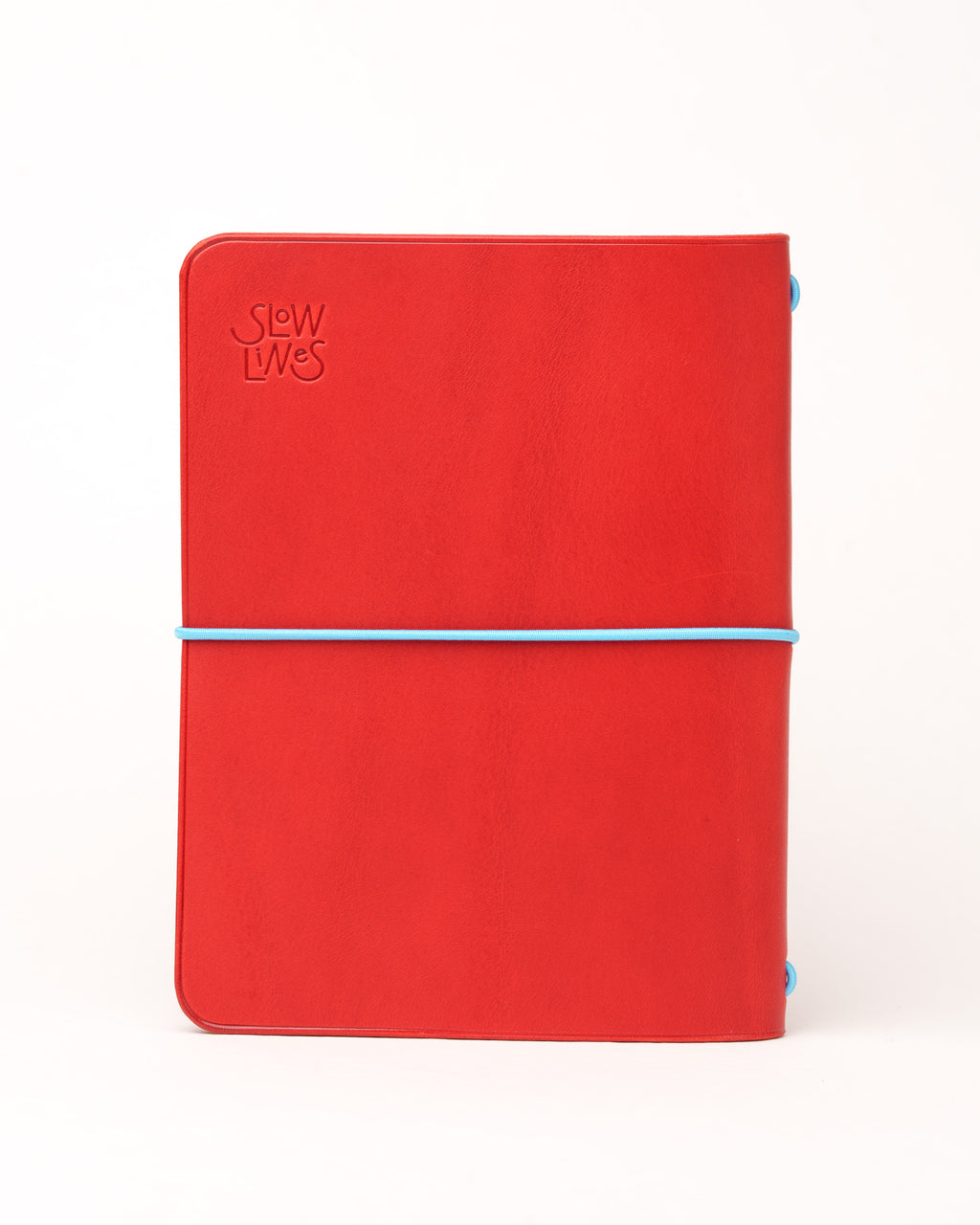 Red Buttero Leather Cover, reverse side with the embossed SLOWLINES logo, on white